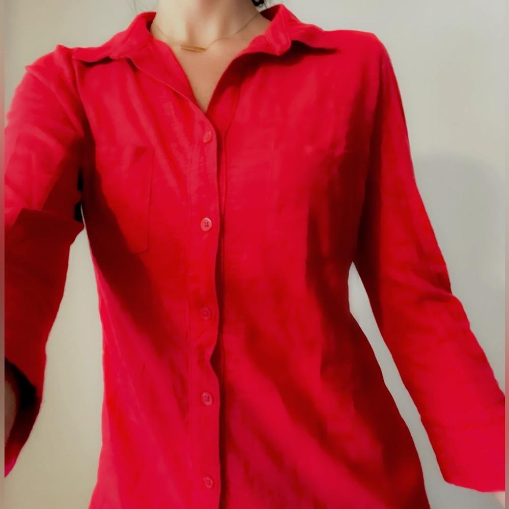Red 100% Cotton Button Up Quarter Sleeve